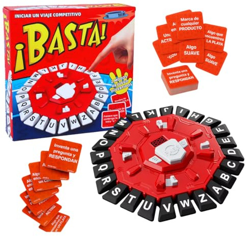 ¡BASTA! Brädspel på spanska, 2 spellägen, åttkantig design med 24 bokstäver, ordspel, innehåller 35 kort med 140 kategorier, perfekt för barn och vuxna (röd och svart)