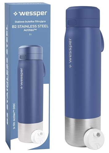 Wessper Trinkflasche aus Edelstahl mit Wasserfilter 1000ml, BPA FREI, Thermosflasche groß mit Disc Filter, Optimal für Sport, Fahrrad, Fitness Wasserflasche – blau