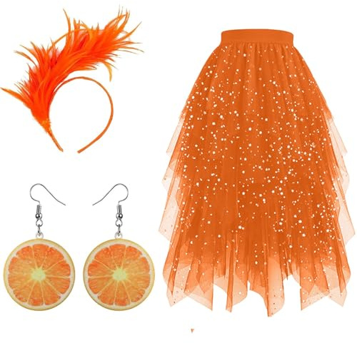Aperolkostüm Damen Tüllrock Orange Mit Glitzer: Hohe Taille Tütü Rock Glitzerrock Mehrschichtiger Mesh Tüll Röcke, Obst Acryl Ohrringe, Feder Haarschmuck Cosplay Karneval Kostüm