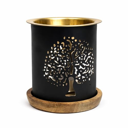 XdeliX Aromalampa, livets träd av metall med träunderlägg 9 x 8,5 cm, 125 g – doftlampa för eteriska oljor och doftolja, värmeljus doftlampa för meditation och yoga