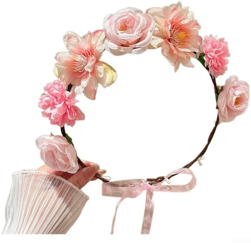 PureBowlic Blommigt pannband för kvinnor, handgjord boho blomkrona med konstgjorda vinstockar, mjukt hårtillbehör för vår- och sommarutflykter och fotograferingsrekvisita, rosa vitt guld blå (G)