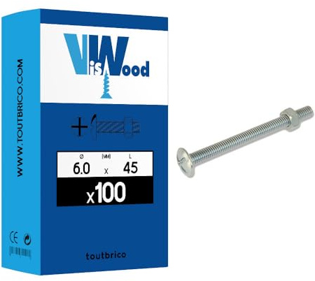 Viswood 601B6045 Boîte de 100 Boulons poêlier Filetage total 6,0 x 45 Acier Zingué Blanc