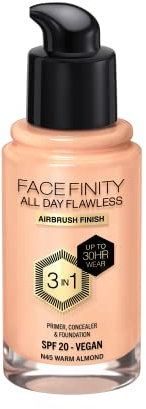 Max Factor Facefinity 3-in-1 All Day Flawless Liquid Foundation, SPF 20 - 45 Warm Almond, 30 ml