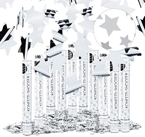 Relaxdays 10er Set Party Popper Silber 40 cm, Sternenregen bis 8m Effekthöhe, Konfetti Kanone für Silvester, Geburtstag, Karneval