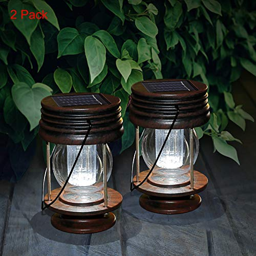Hanging Solar Lantern Outdoor 2 Pack Garden Table Lamp Led Vintage Hanging Solar Lights with Handle Vintage Design for Landscape Yard Garden Pathway Beach Pavilion Decoration (White Lights)