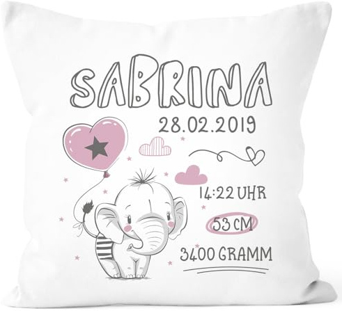 SpecialMe® personalisierbares Kissen zur Geburt Elefant Geburtskissen Geschenk Geburt Mädchen Kissenbezug ohne Füllung Weiss Unisize