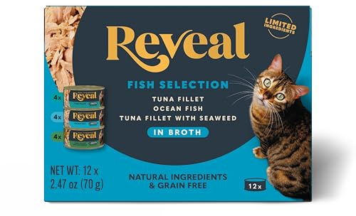Reveal Natural Wet Canned Cat Food, 3-Flavor Variety Pack, Limited Ingredient, Grain-Free, High Protein with No Artificial Additives, Fish Variety in Broth (12 x 2.47 oz Cans)