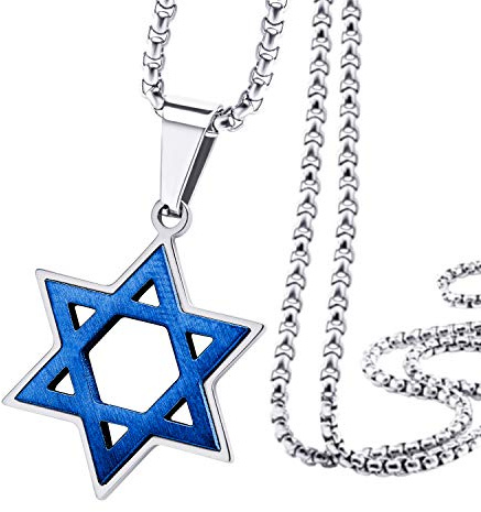 555Jewelry Stainless Steel Star of David Necklace for Men, Box Chain Star Of David Necklace for Women, Small Jewish Star Necklace, Mens Jewish Star Necklace, 24 Inch, Silver & Blue