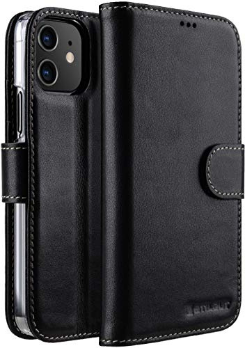 STILGUT Talis kompatibel mit iPhone 12 mini (5.4“) Hülle mit Kartenfach aus Leder, Flip Cover, Wallet Case, Handyhülle mit Fächern, Standfunktion & Verschluss - Schwarz Nappa