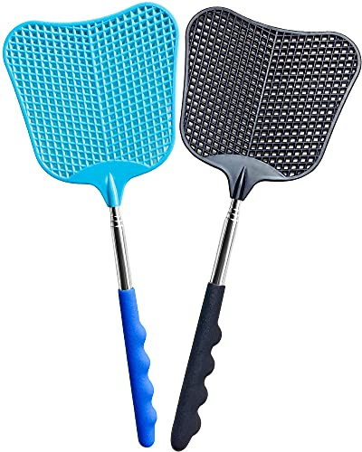 CUNCUI Fliegenklatsche 2er Set, Teleskop-Fliegenklatsche, Schwarz & Blau | CUNCUI Fliegenklatsche, 2 Stück, langlebig, Teleskop-Edelstahl, ausziehbare Griffe, für Zuhause und Büro, 2 Stück, 2 Farben