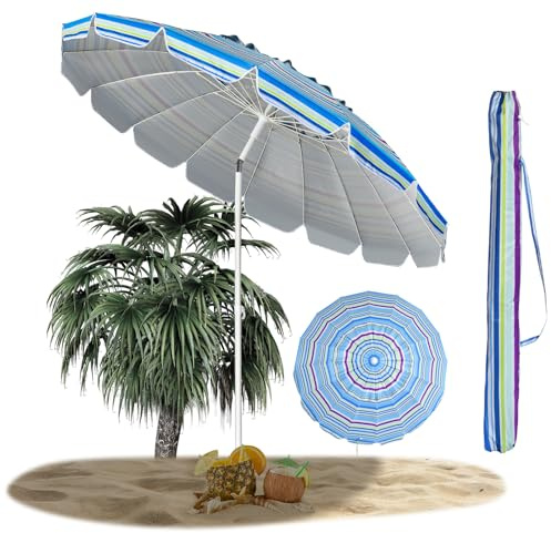 RELAX4LIFE Parasol de Plage Inclinable Ø245 cm (Bleu) Anti-UV UPF 50+ | Parasol Rond avec Ancre à Vis, Mât en Aluminium 32 mm et 8 Baleines en Fibre de Verre, Facile à Ranger