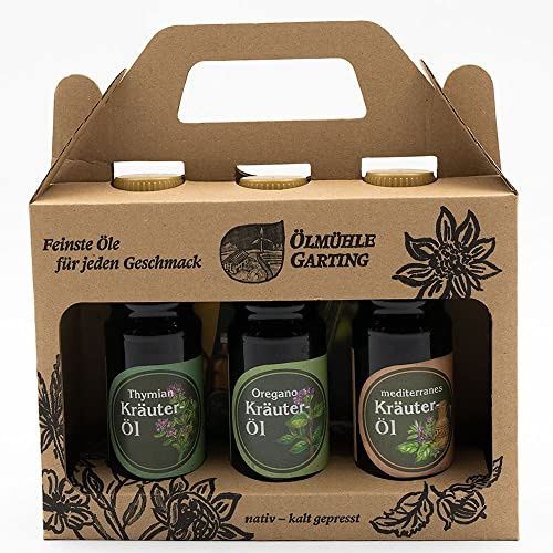Geschenkset Die Kräuterlinge, Familienbetrieb Ölmühle Garting, 3 x 100ml Öl, Premium Qualität, 100% naturbelassen, kaltgepresst, Rohstoffe aus der Region