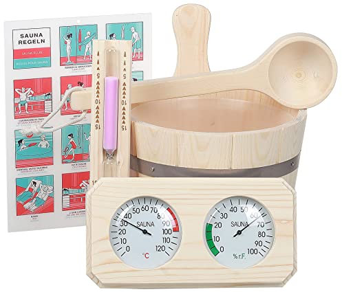 Saunazubehör aus Kiefernholz, 6-teilig, Eimer 3L zusammen mit Kunststoffeinsatz, 36cm Schöpfkelle, 15min. Sanduhr, vieleckig Thermometer - Hygrometer, laminiertes Saunaposter in DE FR EN Sprachen