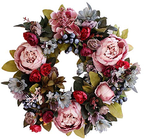 Künstlicher Türkranz Dekoration,35cm Künstliche Pfingstrose Hortensie Blume Haustürkranz, Pfingstrose Kranz, Kunstblumen, Türkranz für Frühling und Sommer, alle Jahreszeiten-Künstlicher dekorativer