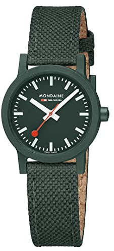 Mondaine Essence Schweizer Damen Armbanduhr mit grünem Textil-Kork-Armband, typischer Bahnhofsuhr-Style, Durchmesser 32mm