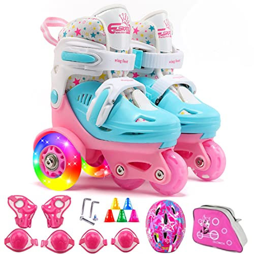 MHXZKHL Rollschuhe Kinder Mädchen Blinken Verstellbare Kleinkinder Tri Skates Für Kinder Jungen Rollschuhe Stiefel Für 2-6 Jahre Mit Helmschutzausrüstung,Blue-M-28~32