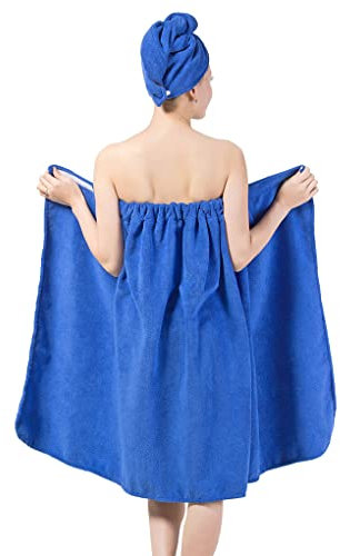 Saunarock Set Damen Bademantel mit Haarhandtuch Knielang Saunakilt Saugfähiger Saunasarong Trägerloses Saunakleid Saunatuch mit Klettverschluss Kuscheliges Badetuch Kopftuch für Dusche Baden Sauna