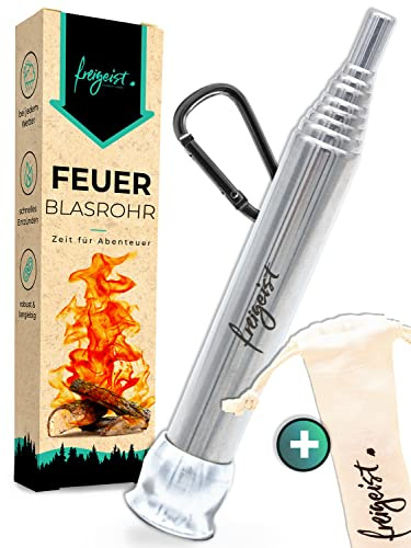 freigeist® Blasrohr Feuer Edelstahl – Teleskop Feuerrohr für Camping | Feuerblasrohr + Transportbeutel & Karabiner | Ideal für Lagerfeuer & BBQ | Inkl Geschenkverpackung | Blasrohr Feuer freigeist