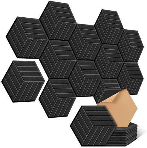 Hexagon Akustikplatten Akustikpaneele Selbstklebend 12 Stücke, 30x26x1cm Hohe Dichte Schallabsorber für Decken-/Tür-/Wanddekoration und Akustische Behandlung, Studio/Home/Gaming Deko Schwarz