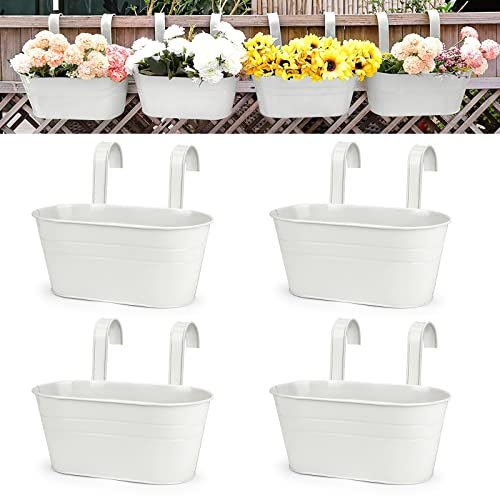OGIMA 4pcs Hanging Flower Pots, Metal Iron Wall Planter Indoor/Outdoor for Railing Fence Balcony Garden Home Decoration with Detachable Hooks, 4x White
