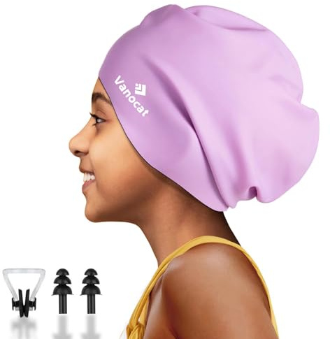 Vanocat Extra Große Badekappe Kinder Lange Haare, wasserdichte Badekappe Mädchen Jungen, Bademütze Schwimmkappe Kinder für Langes, Dickes, Lockiges Haare und Dreadlocks-Zöpfe, Webt Afro-Haar(Violett)