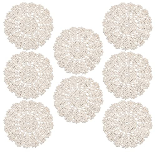GLOBLELAND 8 pz di Tovaglietta All'Americana In Cotone Intrecciato Lavabile All'Uncinetto con Fiori Sottobicchiere In Seta di Mais Tovagliette Rotonde In Pizzo Vintage Beige Tovagliette In Macramè