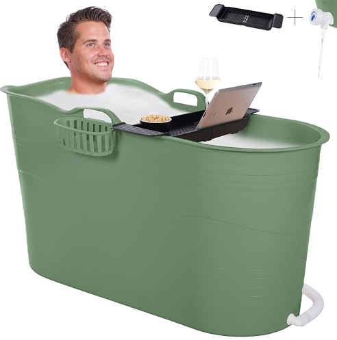 HelloBath® – Bath Bucket XL (Comfort) – 122 cm – Baignoire assise pour adultes – Bain glacé – Tuyau d’évacuation extensible jusqu’à 3 m – Extras : tablette, robinet et housse de protection – Vert