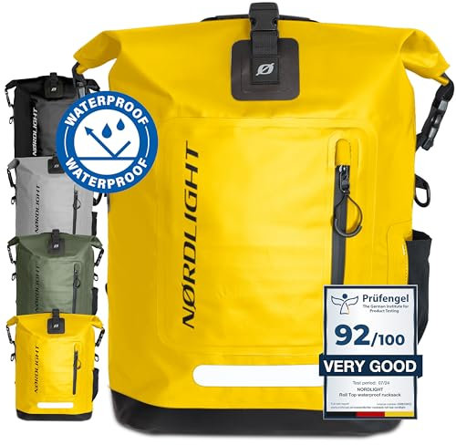 Nordlight Wasserdichter Rucksack Roll Top 25L - Hybrid 25 (Gelb) | Dry Bag Rucksack mit 15 Zoll Laptopfach, Außen- und Innentaschen, gepolsterter Tragesystem