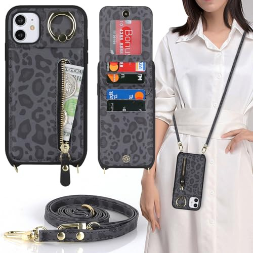 CAVOR Handykette Handyhülle Kompatibel Mit iPhone 11 Hülle Mit Band,Flip Leder Geldborse Hülle,[4 Kartenfach][Ring Stander][Reißverschluss],Handytasche zum Umhängeband - Schwarz Leopard