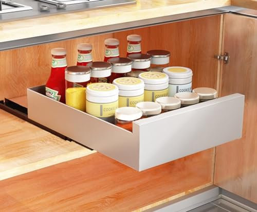 ZOKT Teleskopschublade, Ausziehbare Schubladen-Aufbewahrungsregale für Küchenschränke 40 cm B x 43 cm T x 9 cm H, Schubladeneinsätze für Küchenschrank, Kein Bohren und Nageln Erforderlich, Weiß