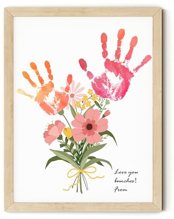 TwoDays Flower Bouquet Handprint Art Craft DIY Kit, Unique Gifts for Mom From Daughter or Son for Mother's Day Birthday Christmas, Gift for Grandma.(12 X 16, With Wood Frame)