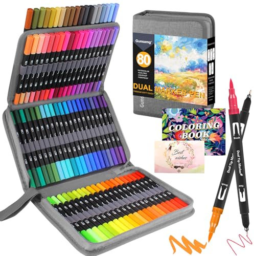 Gunsamg 80 Filzstifte für Erwachsene Skizzieren,Hervorheben,Färben für Erwachsene Malbücher,Fineliner Dual Brush Pen mit Malbuch und Postkarten-Grußkarten - Geschenk für kreative Seelen