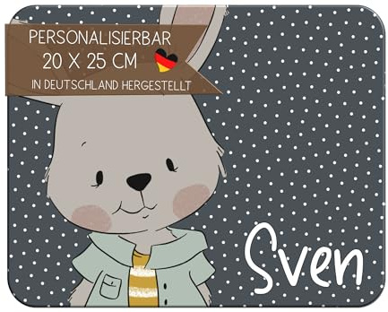 CreaDesign Personalisiertes Kinder Frühstücksbrett mit Namen, 20x25 cm, rutschfestes Schneidebrett aus Kunststoff, Hase Bruno Design, spülmaschinen & mikrowellengeeignet, Schneidbrett für Kinder