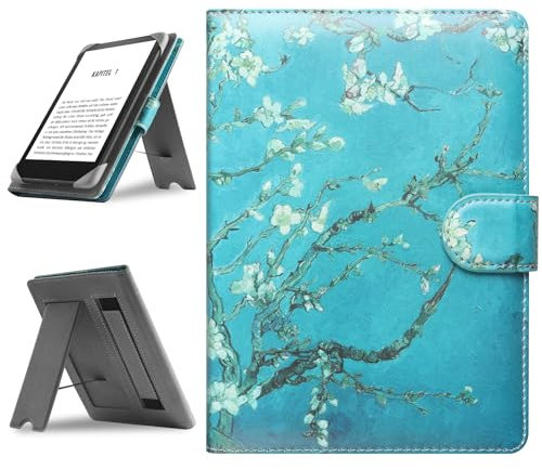 HoYiXi Universal Hülle Kompatibel mit 6.8'' Kindle Paperwhite/6'' Neue Kindle 2022 & 2019/Kobo Clara HD/Kobo Clara 2E Leder Stand Schutzhülle für 6-6.8'' Pocketbook/Tolino/Sony E-Book Reader,Flower