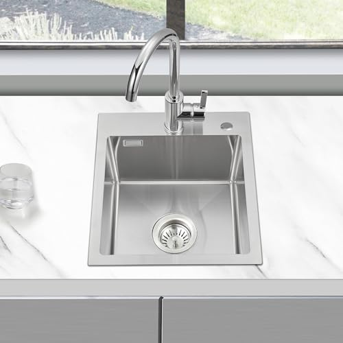 KINKIBOS Spülbecken Klein 304 Edelstahl 40 x 45, Küchenspüle mit 2 Löcher | Einbauspüle mit Überlauf, Edelstahlspüle mit Ablaufgarnitur Komplett, 1 Becken für 45 cm Unterschrank