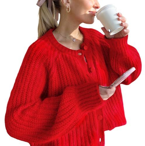 Wyeysyt - Suéter de Punto Grueso para Mujer con Botones, Manga Larga, Suave, con Frente Abierto, Holgado, Estilo cárdigan, para otoño, Rosso, L