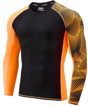 USKOY Men's Rash Guard Long Sleeve UPF 50+ Sun Protection Quick Dry Swim Shirt with Compression Fit for BJJ, Surfing & Gym Training Black Orange X-Large