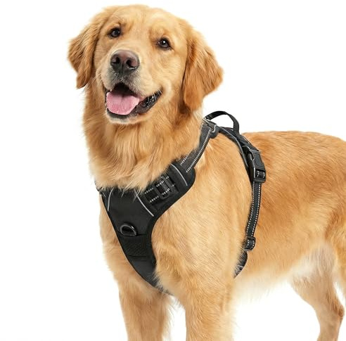 Funfox Dog Harness Large Dog, 2 Clips No Pull Vest Harness Handle Control, Adjustable Pet Harness with Reflective Strips Outdoor Traction Specialized Chest Harness Safe Walking Dog, Black, L