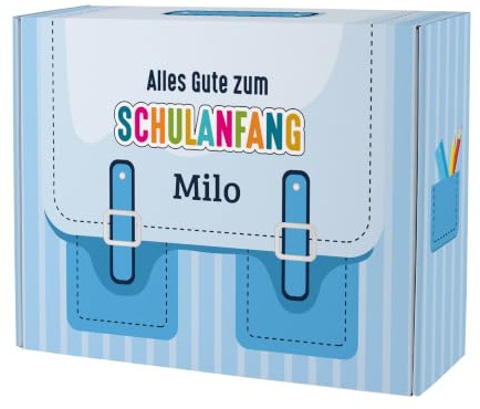 Striefchen® Geschenkverpackung Schulanfang - Geschenkkiste & Geschenkkorb für Geschenke zur Einschulung Mädchen & Jungen - Personalisierte Geschenke mit Name (Schulranzen Blau, Größe L)