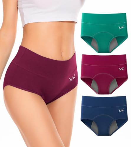 PULIOU Period Underwear for Women, Leakproof Heavy Flow Menstrual Panties, High Absorbency Postpartum Cotton Briefs, 3 Pack-S