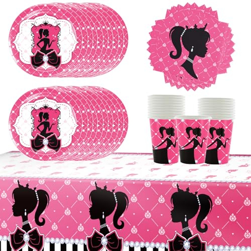 61 Stück rosa Barbie Partygeschirr inklusive Tassen, Teller, Servietten, Tischdecken, geeignet für Kindergeburtstage, Jungen- und Mädchenpartys und andere Szenarien für 20 Gäste