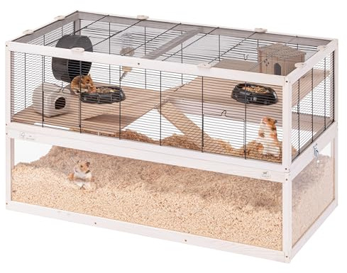 Ferplast Jaula Hámster DOMSTER, Jaula para Ratones, 3 Niveles, con Accesorios, Plataformas y Escaleras, Malla metálica y Madera FSC, Base Transparente, Jaula para Hámster de Madera 100 x 50 x h 61 cm