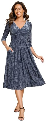Ever-Pretty Vestido de Terciopelo de Invierno para Mujer Elegante Vestido de Ceremonia Manga Larga Midi Azul Polvoriento 50