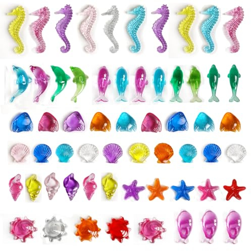 HappyFiller 120 PCS Sensory Bin Filler,Mini Resin Figures,Diving Gem Pool Acrylic Sea Shells Starfish Gemstones Under The Sea Party Decoration,Beach Theme,Vase Filler,Fish Tank Decorations,Crafts