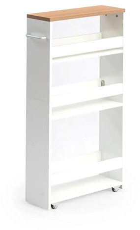 Ginhow Rollwagen Schmal 4 Ebenen, Küchenwagen mit Rollen für Küche, Nischenregal Schmal Perfekt für Kleine Räume und Bad, 40x 14x 80CM, Nischenwagen Weiß und Eiche