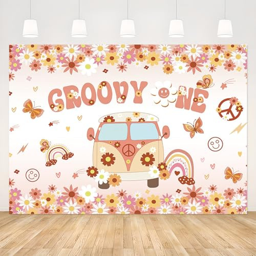 APROPHIC Groovy One Anniversaire Toile de Fond, Motif Marguerites et Fleurs Bannières, pour Nouveau-né 1er Anniversaire Fond Photo de Fête, Arc-en-Ciel Bus Banderole Joyeux Anniversaire 210 x 150cm