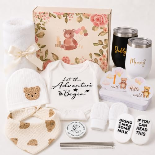 Baby Geschenk, 11 Stück Neugeborenen Geschenk zur Geburt Junge Mädchen, Babygeschenke mit 2 Tassen Neugeborenen Strampler Babydecke Mütze Socken Lätzchen Handschuhe Entscheidungsmünze