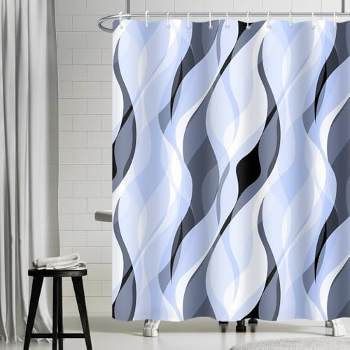 Uiiooazy Cortina de ducha antimoho, cortina de ducha 180 x 200 cm, azul a rayas degradadas grises, banda degradada, cortinas de baño de tela lavable impermeable de poliéster para bañera con 12 anillas