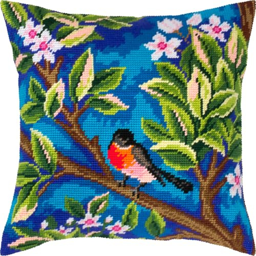 Brvsk Domherre Träd Needlepoint kit med tryckt gobelängduk (40 × 40 cm) — nålpunktskudde kit för kreativ heminredning — handarbetskit för vuxna nybörjare