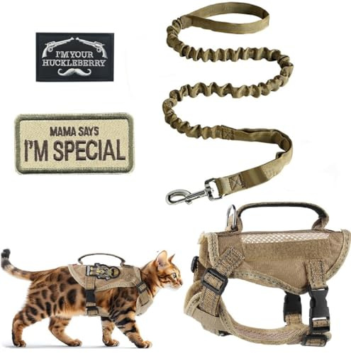 ZHHSUNY Verstellbares taktisches Katzengeschirr-Set, ausbruchsicher und atmungsaktiv, reflektierendes Katzengeschirr für Erwachsene mit Griff und bestickten Flicken (Khaki, M)
